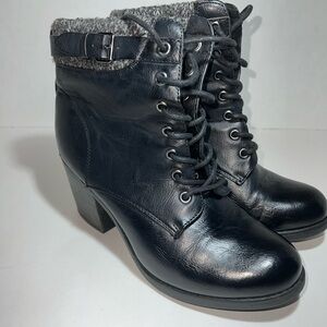 MIA George Black Leather Lace-Up Block Heel Ankle Booties Size 7
